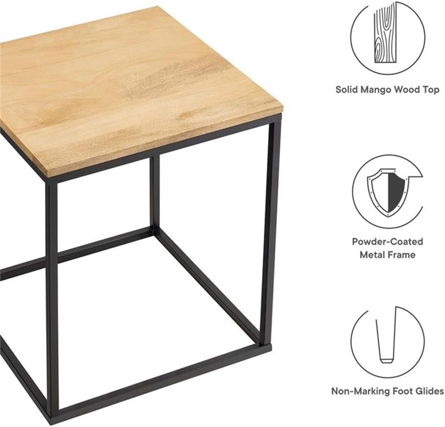 Pemberly Row Contemporary Square Wood and Metal Side Table, Solid Mango Wood Top, Powder-Coated Metal Frame, Oak Finish, 16.1 x 16.1 x 18.5 in, Non-Marking Floor Glides, Modern Accent Table for