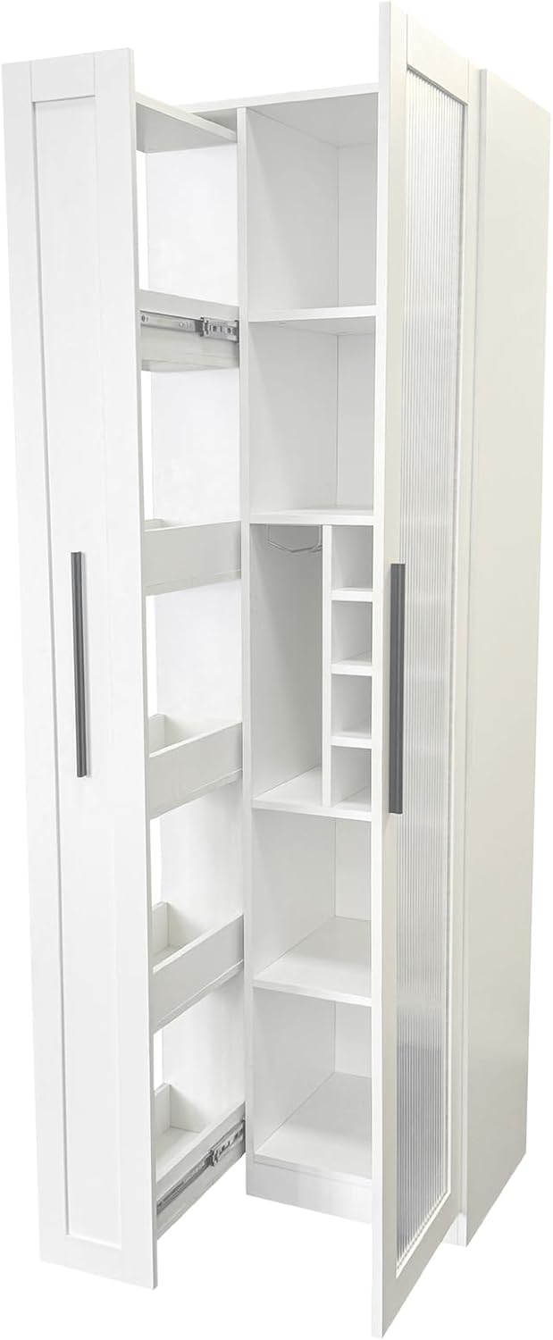 JOYSOURCE Kitchen Hutch Cabinet with 5-Tier Pull-Out Storage Shelves Tall Kitchen Pantry Wine Cabinet Slim Liquor Cabinet with Reeded Glass Door Bottle Dividers & Stemware Rack White