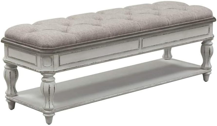 Starlight Canyon Home Antique White Bedroom Bench with Storage Shelf, Upholstered End of Bed Bench with Faceted Legs and Ivory Tweed Seat for Elegant Comfort