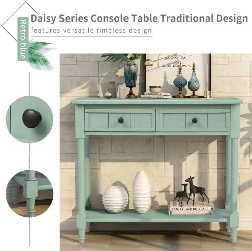 Bellemave Console Table with 2 Drawers & Bottom Shelf, Retro Entryway Table with Storage & Turned Roman Legs, Solid Wood Sofa Tables for Entrance, Hallway, Living Room (Green/35)