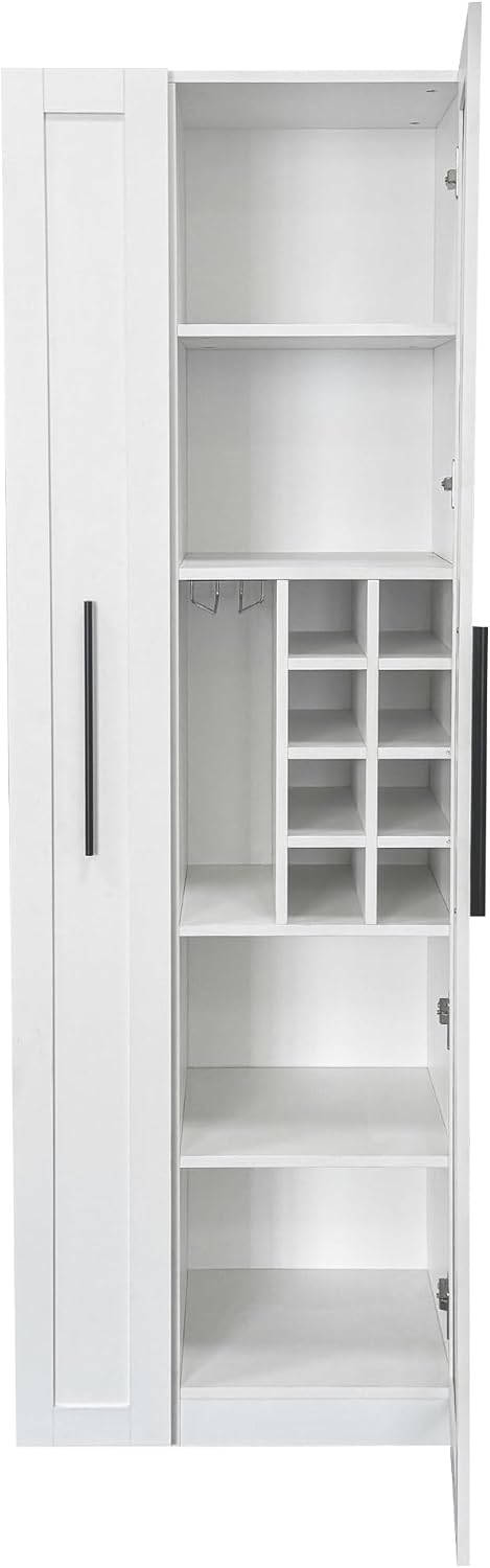 Kitchen Pantry Cabinet with Pull-Out Multi-Tier Storage Shelf, Farmhouse Storage Cabinet with Glass Doors, Tall Pantry Organizer for Kitchen, Dining Room & Living Room White