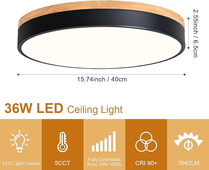 Dimmable Modern Wood Ceiling Light, Black LED 5CCT 2700K-6000K Flush Mount Ceiling Lighting Fixture, Round Light Fixtures for Kitchen Living Room Dining Room Bedroom 15.8in