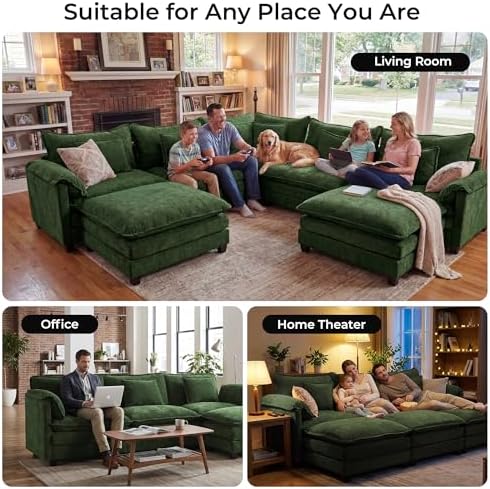 ELUCHANG 114" Oversized Modular Sectional Sofa, Comfy Chenille Cloud Couch, 6-Seater V Shaped Modern Deep Seat Sofa w/Removable Covers for Living Room, Bedroom, DIY Combination - Green