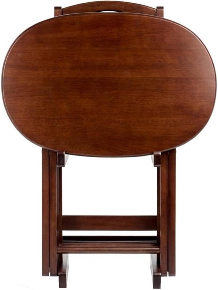 Pemberly Row 5-Piece Solid Wood Snack Table Set, Oval Shape, Cappuccino Finish, Includes Storage Stand, Portable Folding Tables for Living Room or Home Office