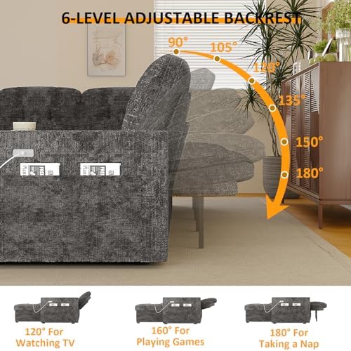 Modular Sectional Sleeper Sofa with Pull Out Bed, 108 Inch U Shaped 7 Seat Couches for Living Room, Chenille Fabric Cloud Couch Bed with Storage & Reclining Backrest, USB Charging, Grey