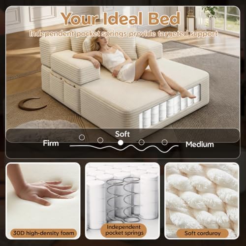 60.2 Inch Chaise Lounge Chair Indoor, Oversized Chaise Lounge with Adjustable Backrest and Armrests, Luxurious Corduroy Convertible Sofa Bed with Storage Pocket for Small Spaces, Apartment (Beige)
