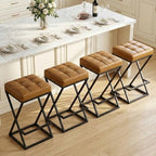 Bar Stools Set of 2, 26 Inch Counter Height Stool Faux Leather Brown | Backless Counter Stools with X-Frame Metal Legs, 3.3" Upholstered Seat, Mid-Century Modern, for Kitchen Island, Home Bar