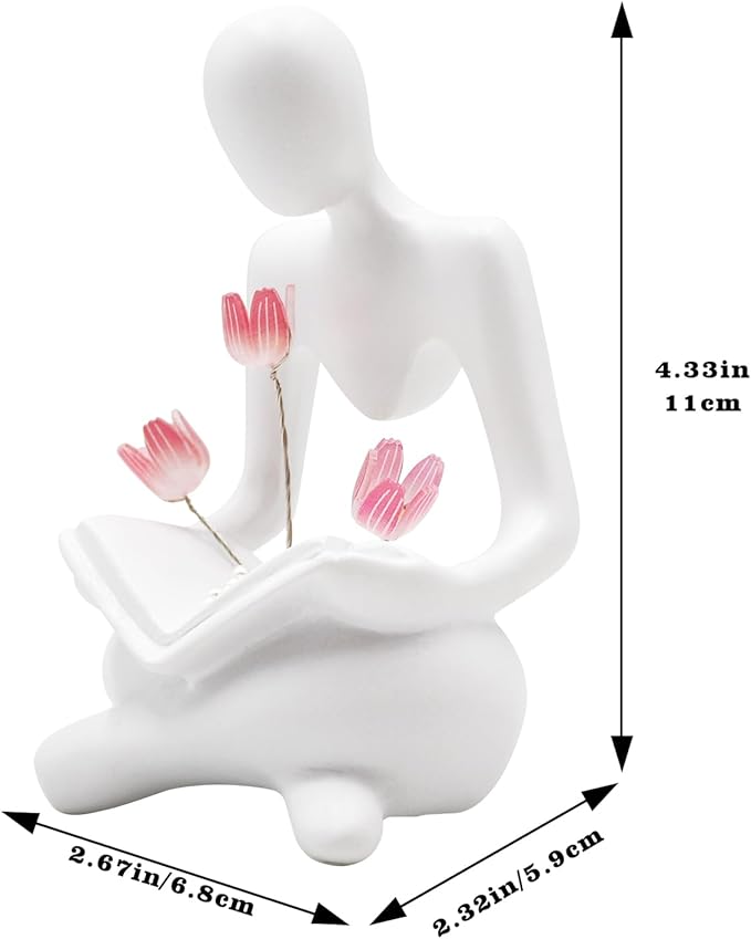 Reading Women Statue with Tulip Lamp, Thinker Sculptures with Night Light, Abstract Art Ornament, Modern Aesthetic Figurine Decoration for Home Living Room Bedroom Office Table Desk Bookshelf Decor