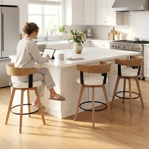 Ya-Home Mid-Century Bar Stools Set of 3, 26 Inch Swivel Counter Height Stools Linen Fabric Barstools with Barrel Backrest Wooden Legs for Kitchen Island Dining Room, White