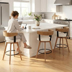 Ya-Home Mid-Century Bar Stools Set of 3, 26 Inch Swivel Counter Height Stools Linen Fabric Barstools with Barrel Backrest Wooden Legs for Kitchen Island Dining Room, White