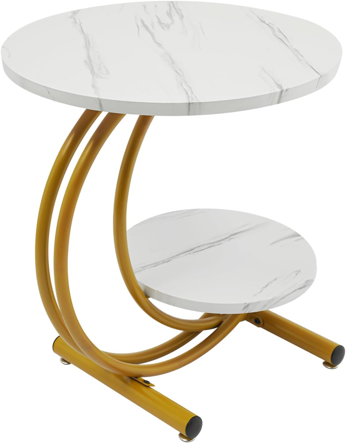 Round End Table, 2-Tier Side Table with Storage Shelves, Small Bedside Table with Arc-Shaped Frame, Wooden Vintage End Tables for Living Room Bedroom, 23.62in Height (Gold Frame + White Board)