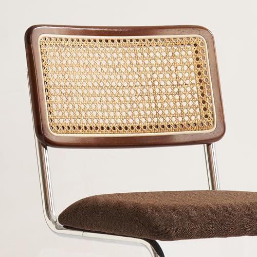 GrandNoor Natural Rattan Counter Height Stools Set of 3 with Solid Wood Back, 24 Inch Mid Century Modern Cesca Bar Stools, Brown Upholstery Boho Stool for Kitchen Counter with Chrome Metal Legs