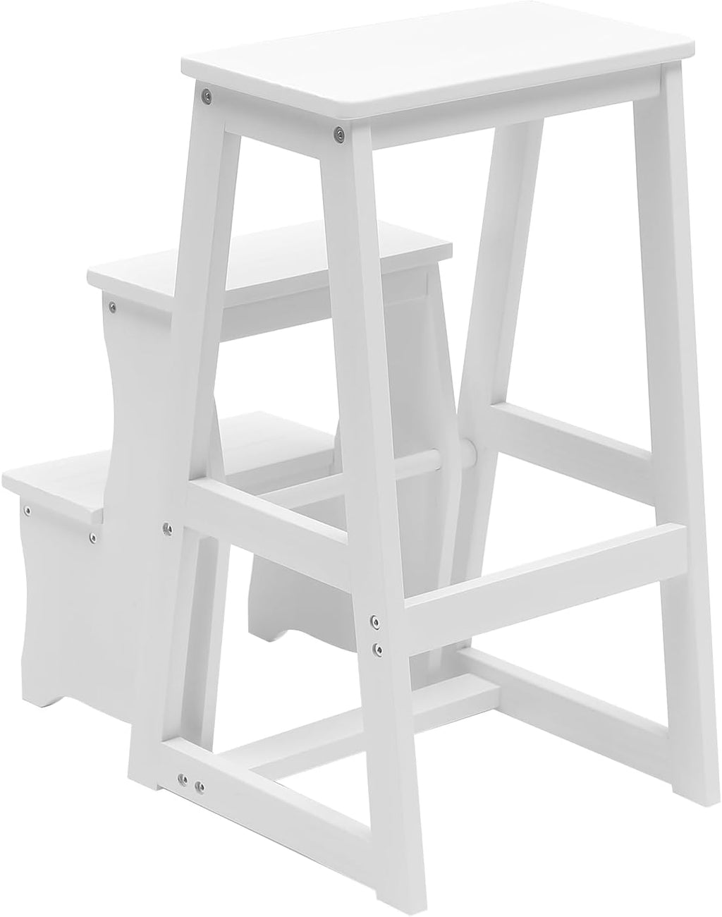 Wooden Folding Library Ladder Chair, 3-Step Multifunctional Step Stool, Display Ladder and Storage Shelf for Kitchens, Garages, Bars, Counters (White)