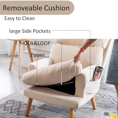 INZOY Accent Chairs with Ottoman Set, Modern Velvet Armchair with Adjustable Backrest, Comfy Lounge Chair for Living Room Bedroom, Beige