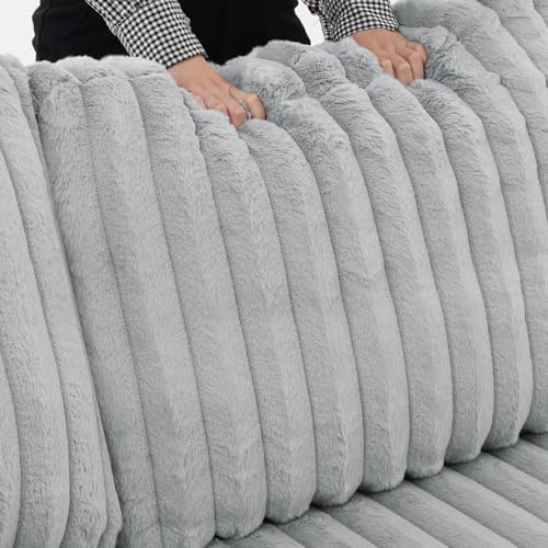 THSUPER 122-Inch Oversized U Shaped Plush Corduroy Fluffy Sectional Sleeper Sofa with Pull Out Bed, Storage Chaise Lounge and USB Charging Port - Gray