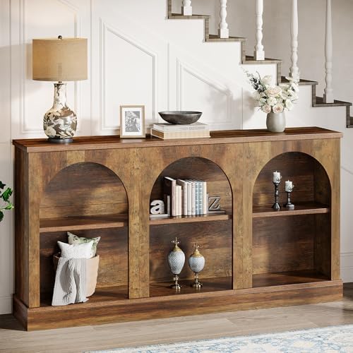 Tribesigns Arched Console Table, 63" Wooden Entryway Table with Storage | Farmhouse Long 3-Tier Sofa Table Behind The Couch for Entrance, Hallway, Living Room, Foyer, Brown