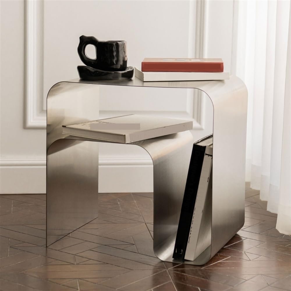 Modern Stainless Steel Night Stand, Side Table with Storage Shelf, Small End Table, Vintage Accent Coffee Table for Bedroom and Living Room