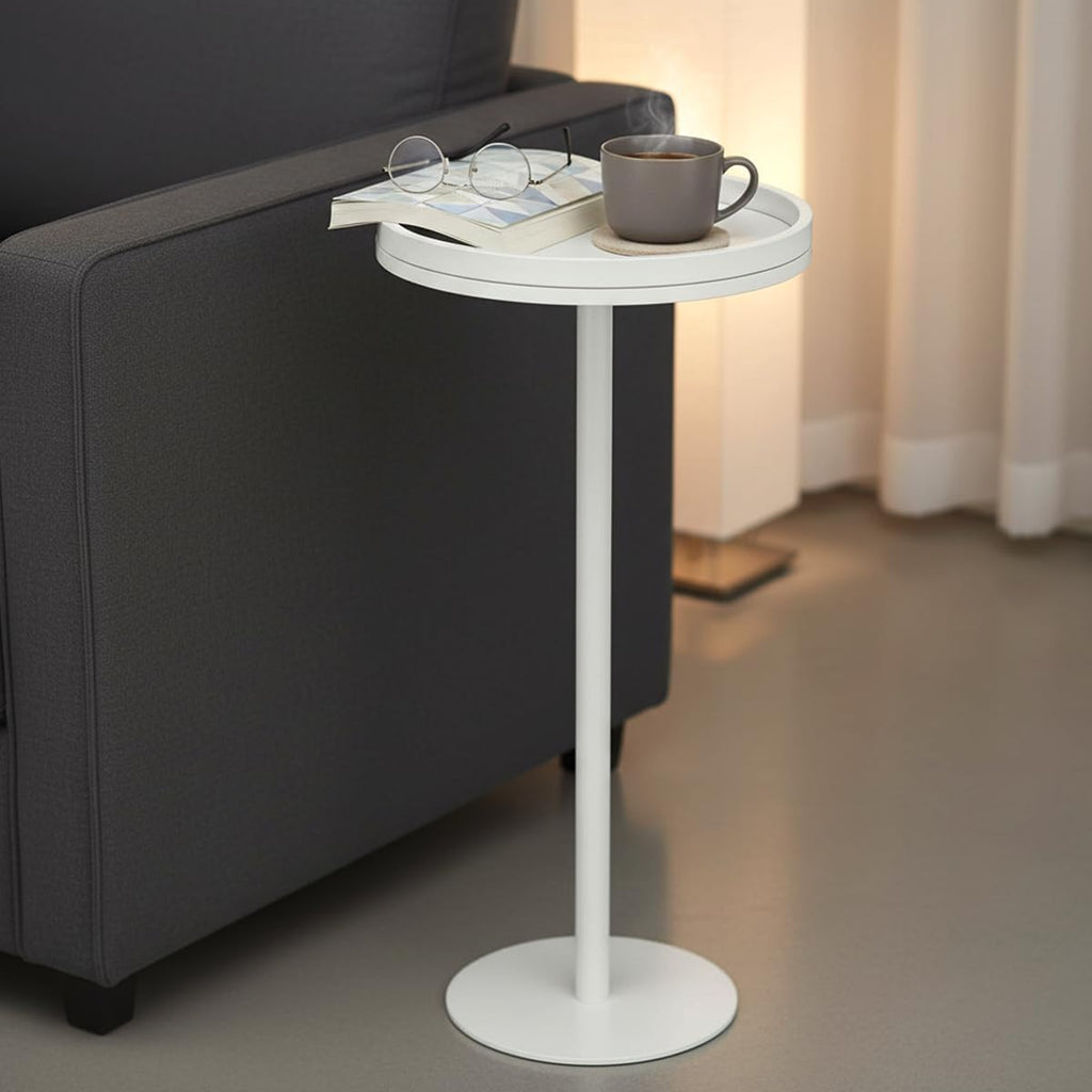 White Martini Table, Modern Small Round Side Table, Minimalist Metal & Wood Pedestal End Table with Weighted Base, White Drink Table for Living Room, Small Spaces,Next to Sofa, 24.7" Tall