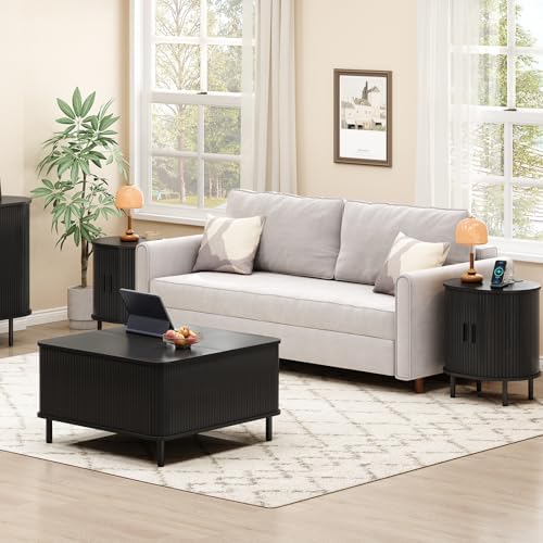 ONBRILL Oval End Table with Charging Station, Sliding Door, Black(2-Pack)
