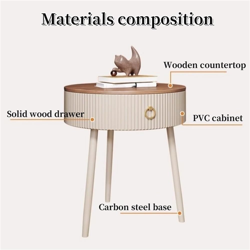 Modern Round End Table with Drawer Wood Double Storage Nightstand Side Table for Living Room Multi Scenario Use(Black,50cm)