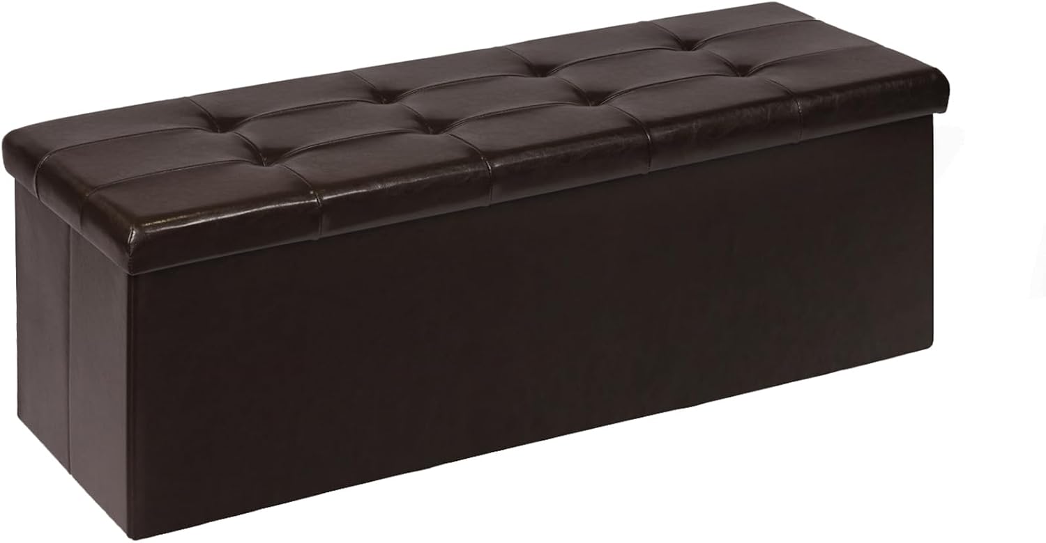 PINPLUS Folding Storage Ottoman Bench, Brown Faux Leather | Storage Chest with Comfortable Seat, Footrest Stool and Bench for Bedroom, Hallway and Living Room, 43.3 Inch