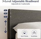 Allewie King Size Upholstered Bed Frame Adjustable Headboard, Dark Grey