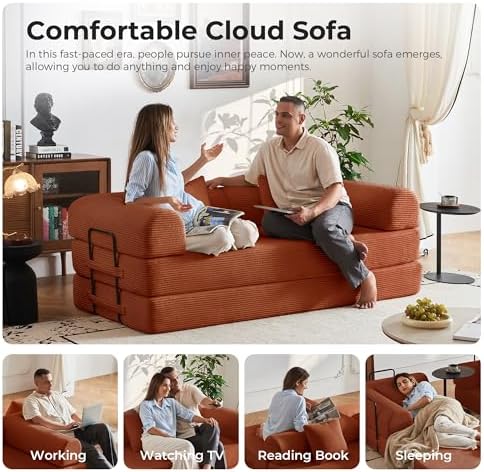 79" Convertible Sofa Bed, Couches for Living Room | Orange | Corduroy Futon Sofa Bed with Pocket Springs, Modular Sleeper Couch in a Box, No Assembly