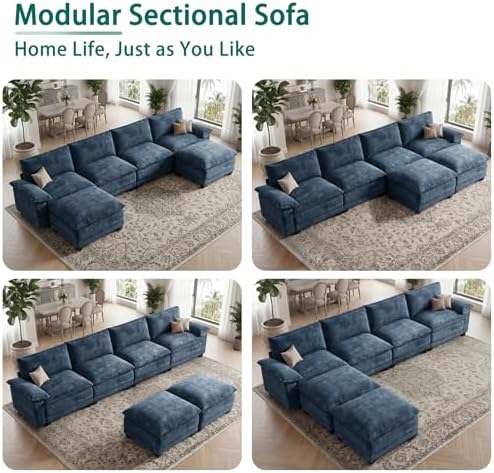 140" Modular Sectional Couch, U Shaped Cloud Sofa for Living Room | Comfortable Foam Cushions, Sturdy Frame, Appealing Appearance, Easy Assembly, Soft Chenille, Modular Design, Blue