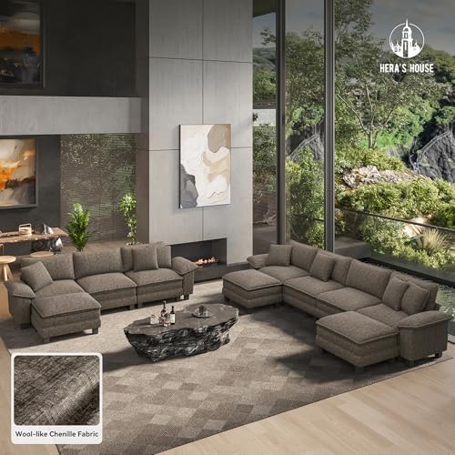 HERA'S HOUSE 158" Oversized Modular Sectional U Shaped Sofa,Chenille Ash | 6-Seater Living Room Couches, Wider Armrest and Deep Seat, Comfy Cloud Couch with Ottoman, Light Gray