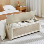 51.2" Storage Chest Large,Wooden Rattan Storage Bench.(White Cream) | Storage trunk with 2 Safety Hinges, 51.2x15.7x18.3 Inch, Easy Assembly, Storage bench For Bedroom, Living Room, Entryway