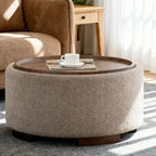 29.5 Inch Round Storage Ottoman Coffee Table, Brown Teddy | Modern Circle Coffee Table With Storage With Removable Lid Top and Solid Wood Legs, Round Ottoman for Bedroom, Living Room