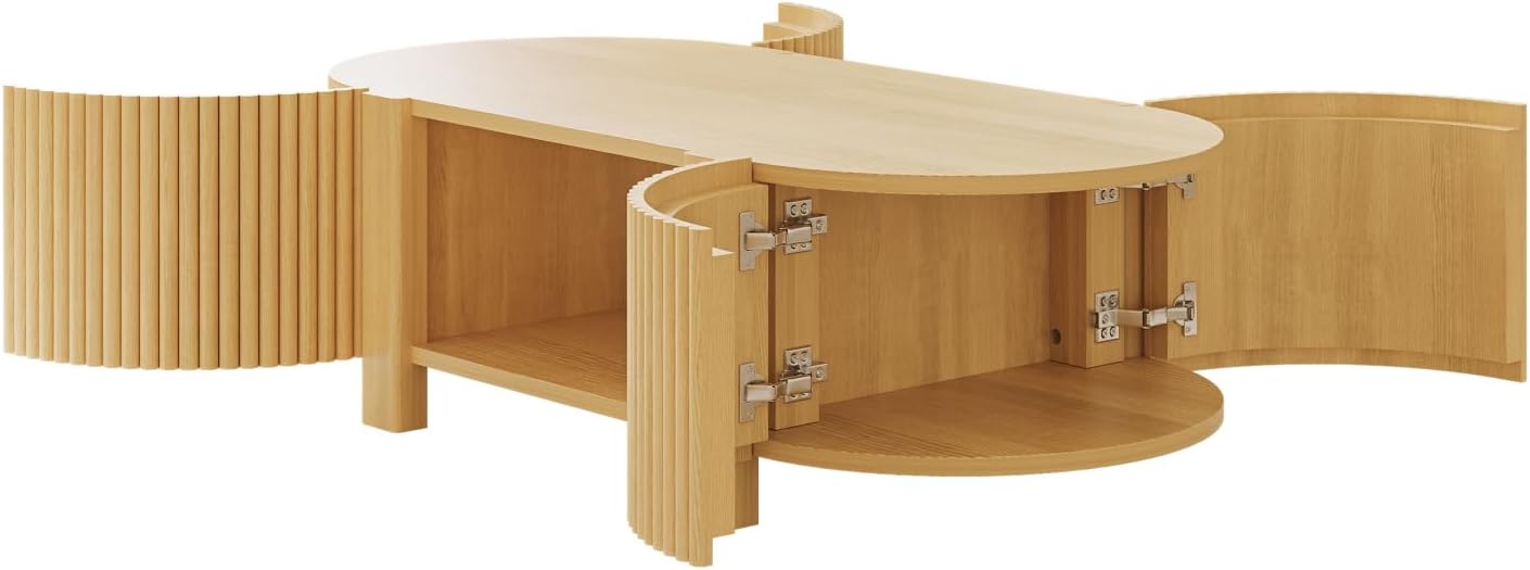 Living Room Table Set of 3 with 1 Coffee Table and 2 Side Tables, Rubber Solid Wood, Soft-Close Door, Natural, 47"