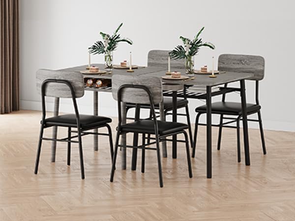 IDEALHOUSE Small Dining Table Set for 2, 3-Piece Dining Set with Storage Rack, Wood Kitchen Table with Upholstered Chairs, Square Table Set with Metal Legs Support, for Dining Room, Living Room, Grey