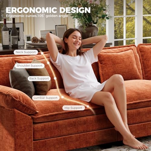 CDCASA 117" Oversized Modular Sectional Sofa with Corner, Comfy V-Shaped Cloud Couch w/ 2 Ottomans, 7-Seater Chenille Deep Seat Modern Sofa Couch for Living Room, DIY Combination, Terracotta Orange