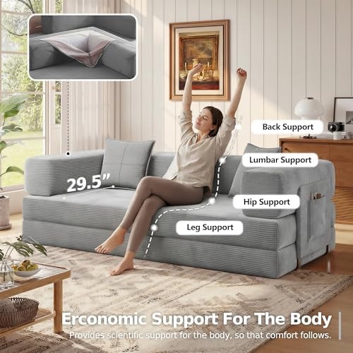 MoonSpeak 78.8'' Futon Sofa Bed, Couches for Living Room | Corduroy Convertible Futon Sofa Bed with Storage Pocket, Modular Sleeper Couch in a Box, No Assembly (Gray)