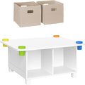 RiverRidge Kids Activity Table with Storage Cubbies, Cups and 2 Taupe Bins | Playroom Toddler Sensory Art Craft Table, 4 Toy Organization Shelves, 4 Multi-purpose cups, 2 Fabric Folding Cubes, Ages 2-4