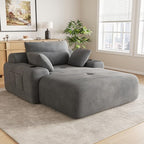 69” Floor Chaise Lounge Chair Indoor, Oversized Chaise Lounge Reading Chairs with 4 Side Pockets and 2 Cup Holders, Comfy Corduroy Sleeper Sofa Bed for Living Room Bedroom Apartment, Grey