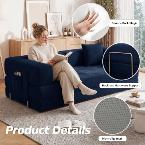 79" Convertible Futon Sofa Bed, Floor Couch for Living Room | 5-in-1 Corduroy Loveseat Sleeper Sofa, Foldable Couch with Side Pocket, Pull Out Bed, No Assembly Required,Blue
