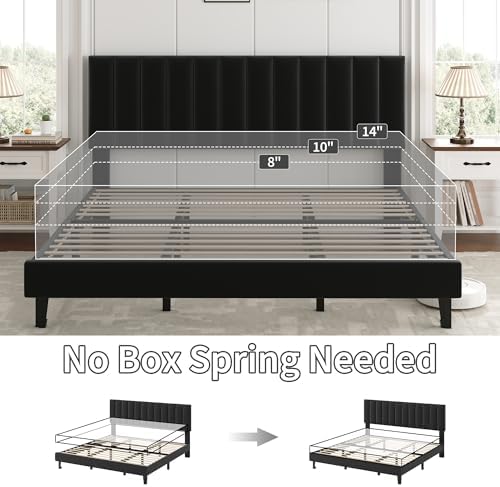 GarveeHome King Size Velvet Upholstered Platform Bed Frame, Black