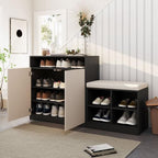 Modern Storage Cabinet with Shoe Bench, 2 Doors and 3-Tier Adjustable Shelves, Entryway Bench with 4 Open Shoe Racks and Removeble Cushion, Console Table with Wavy Slatted Door and Hooks (Beige+Black)