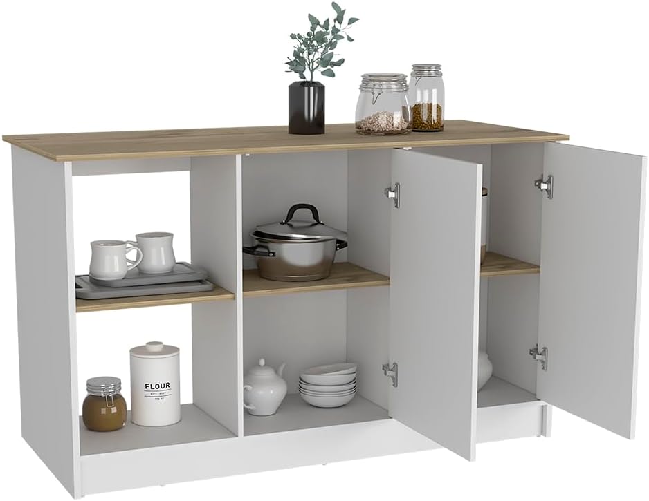 Kitchen Island with Four Open Shelves and Two Cabinets | Multicolor design with light oak and white finish