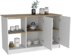 Kitchen Island with Four Open Shelves and Two Cabinets | Multicolor design with light oak and white finish