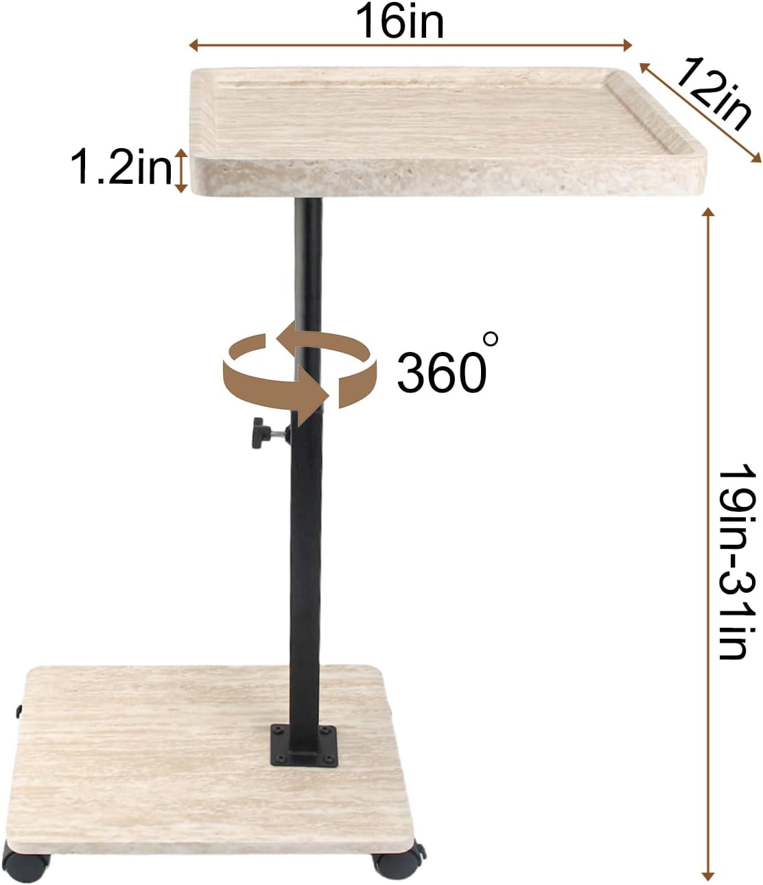 Simcat Adjustable Height C Shaped End Table, 360° Swivel Side Table TV Tray for Small Place, Couch Tables with Wheels Sofa, Bed, Chair (White Grain)