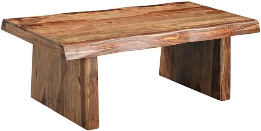 Pemberly Row Solid Wood 3-Piece Table Set, Live Edge Sheesham Hardwood, Brown Finish, Includes Coffee Table, Console Table, and Square End Table, Modern Double Pedestal Base, Rustic Living Room