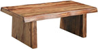 Pemberly Row Solid Wood 3-Piece Table Set, Live Edge Sheesham Hardwood, Brown Finish, Includes Coffee Table, Console Table, and Square End Table, Modern Double Pedestal Base, Rustic Living Room