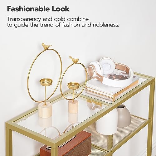 HOOBRO 29.5" Narrow Console Table, 3-Tier Tempered Glass Sofa Table | Modern Entryway Table, for Entrance, Living Room, Foyer, Hallway Bedroom, Gold GD21XG01G1