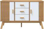 White and Brown Solid Pine Wood Sideboard with Multiple Drawers and Doors for Dining Room Living Room Hallway Storage Modern Scandinavian Design Furniture