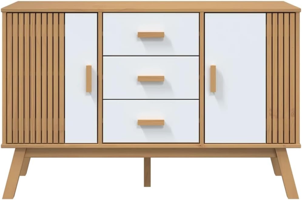White and Brown Solid Pine Wood Sideboard with Multiple Drawers and Doors for Dining Room Living Room Hallway Storage Modern Scandinavian Design