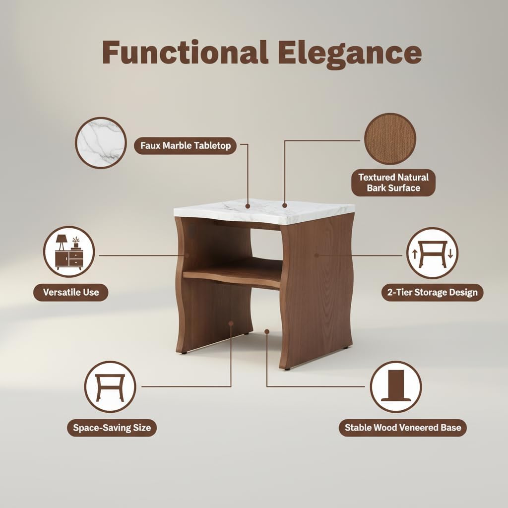 Mid-Century Modern Side Table,17.72" Whisper of Waves Design End Table with White Marble-Pattern Tabletop Open Storage Shelf and Solid Wood Veneered Base Bedroom Nightstand End Table for Living Room