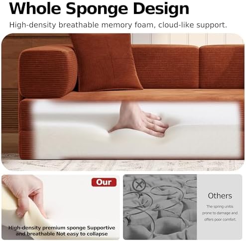 MoonSpeak 78.8'' Futon Sofa Bed, Couches for Living Room | Corduroy Convertible Futon Sofa Bed with Storage Pocket, Modular Sleeper Couch in a Box, No Assembly (Rust Red)